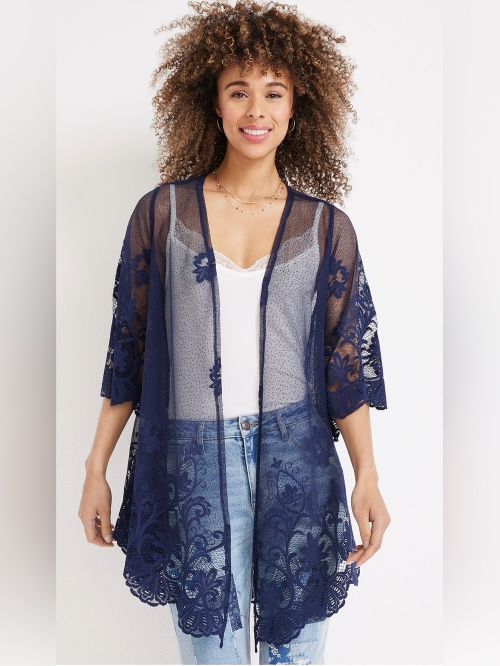 Navy Lace Kimono Cardigan Oversized Can Fit S-L